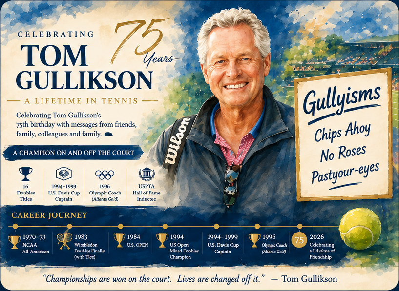 Tom Gullikson 75 Years tribute featuring career highlights and Gullyisms